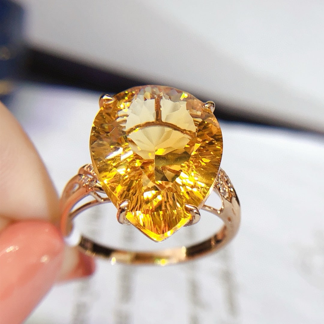 14k Gold 9.8 Ct Natural Citrine & Diamond Ring - 2