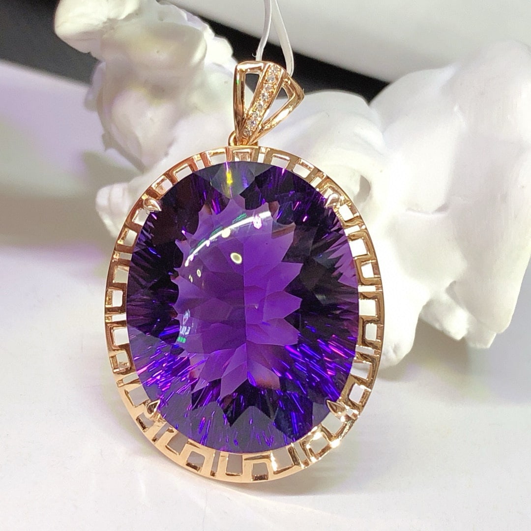 14k Gold 36.35 Ct Natural Amethyst & Diamond Pendant( Without Chain ): Ref:231053123 // gold content:14k gold // main gemstone:amethyst // shape:oval // carat weight:36. 35ct // color:purple // treatment:natural // // adjacent gemstone 2 : diamond // number of stones:8