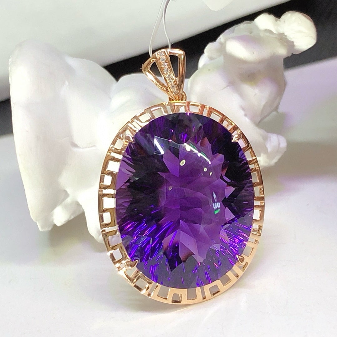 14k Gold 36.35 Ct Natural Amethyst & Diamond Pendant( Without Chain ) - 2