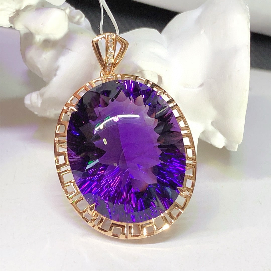 14k Gold 36.35 Ct Natural Amethyst & Diamond Pendant( Without Chain ) - 3
