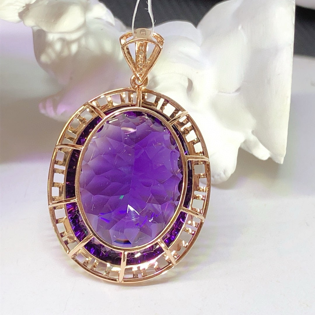 14k Gold 36.35 Ct Natural Amethyst & Diamond Pendant( Without Chain ) - 4