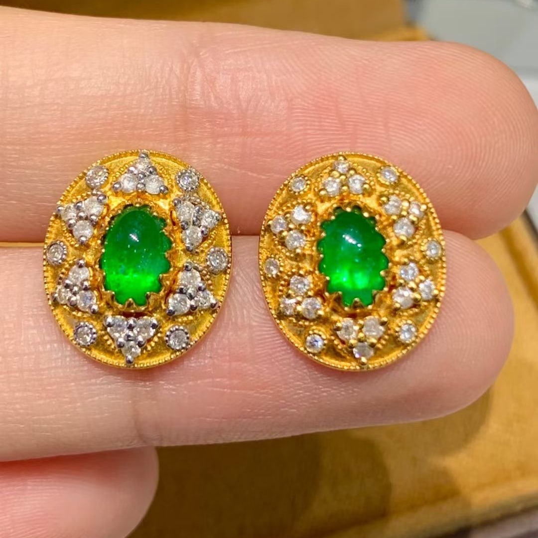 14k Gold 1.35 Ct Natural Emerald & Diamond Earrings - 2