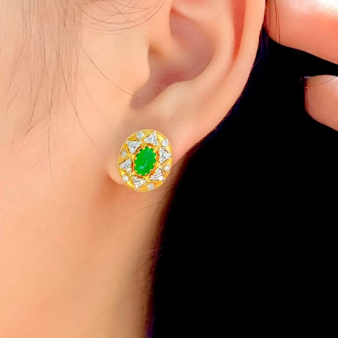 14k Gold 1.35 Ct Natural Emerald & Diamond Earrings - 5
