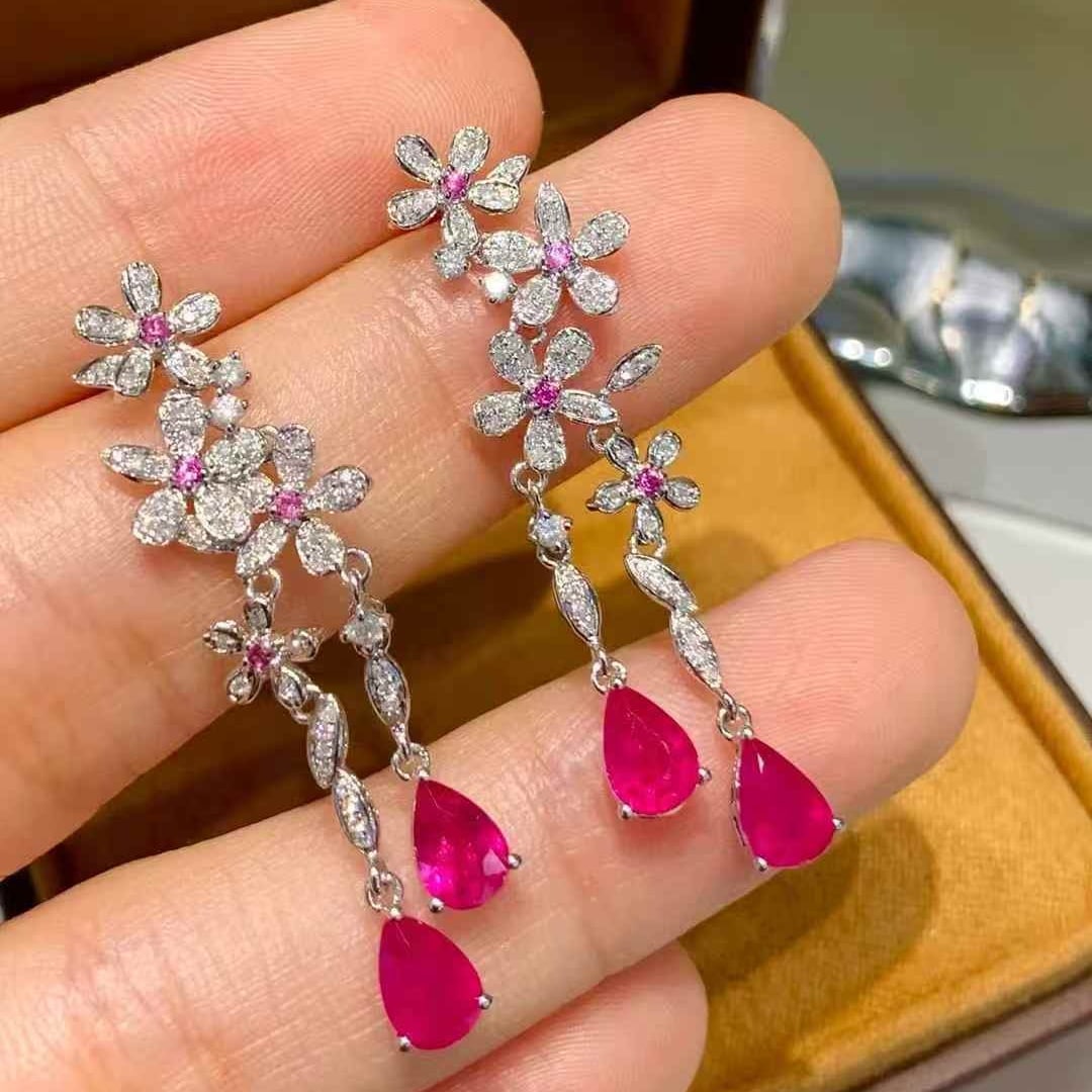 14k Gold 2.35 Ct Natural Ruby & Diamond Earrings - 4