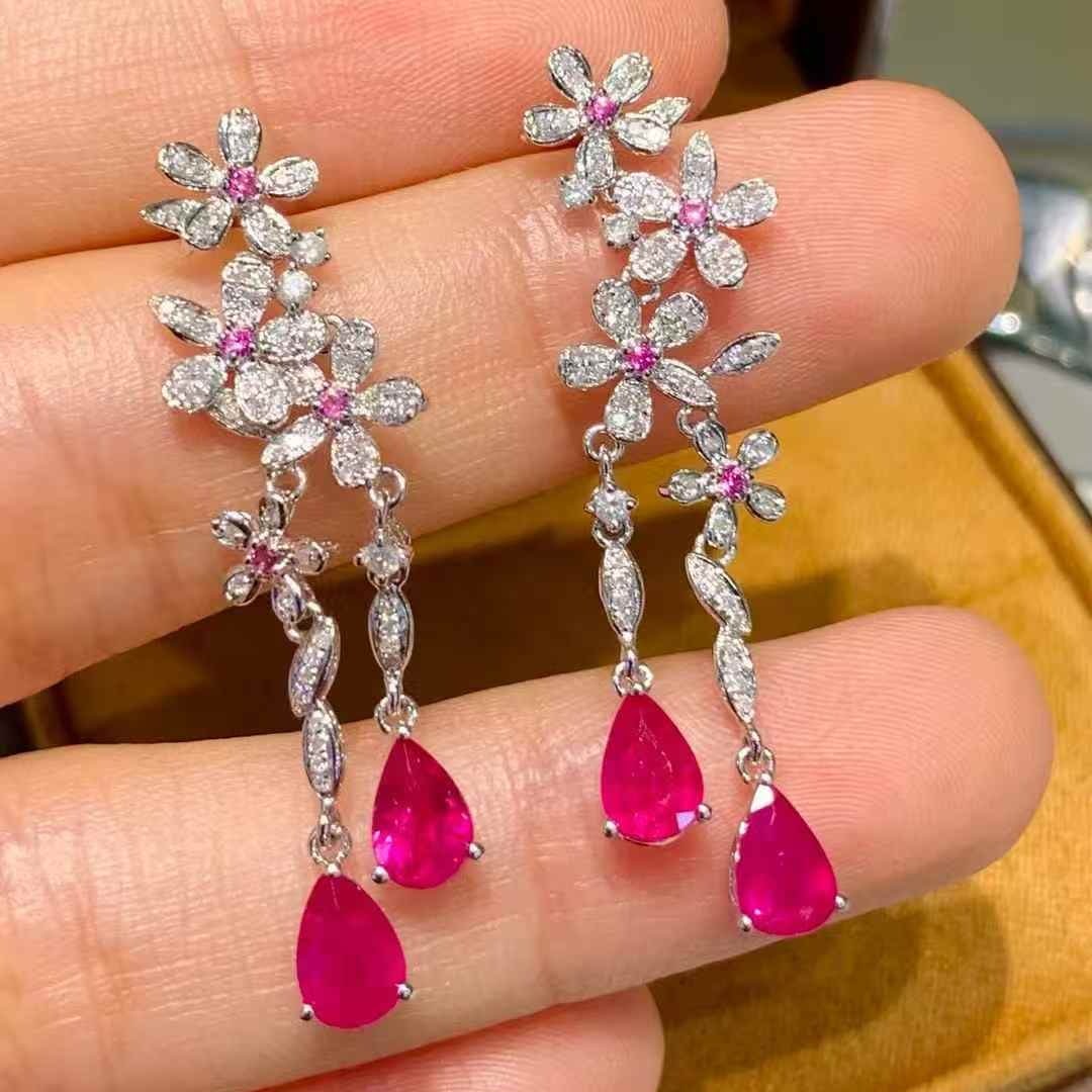 14k Gold 2.35 Ct Natural Ruby & Diamond Earrings - 5