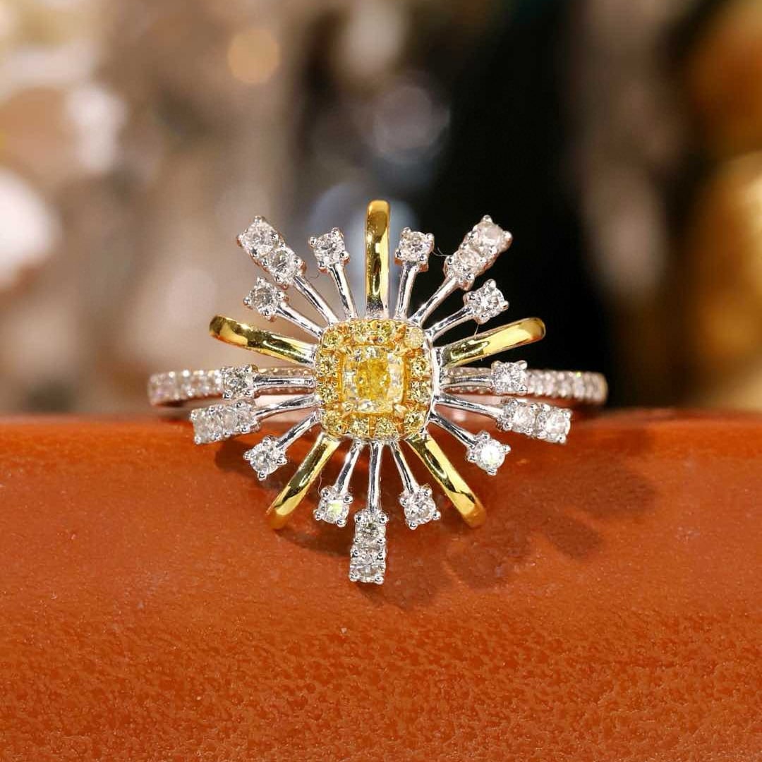 14k Gold 0.55 Ctw Natural Yellow Diamond & Diamond Ring: Ref:231053144 // gold content:14k gold // ring size:7. 25us // // main gemstone:yellow diamond // shape:cushion // carat weight:0. 15ct // color:yellow // treatment:natural // // adjacent gemstone 2