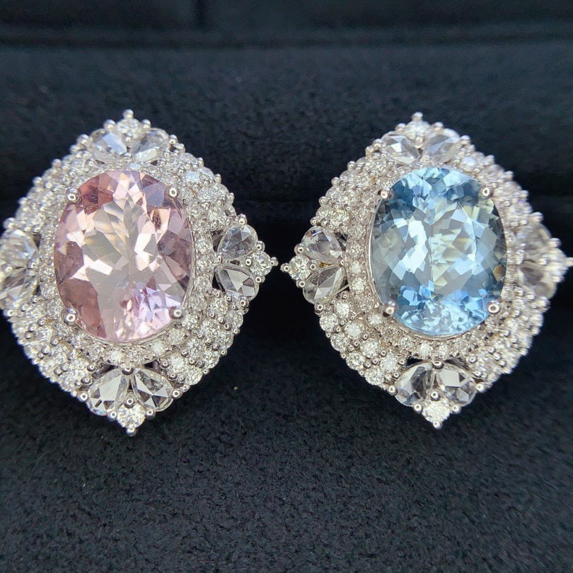 14k Gold 6.86 Ctw Natural Aquamarine & Morganite & Diamond Earrings: Ref:231053149 // gold content:14k gold // main gemstone:aquamarine & morganite // shape:oval // carat weight:4. 9ct // color:blue & pink // treatment:natural // // adjacent gemstone 2 : diamond // sha