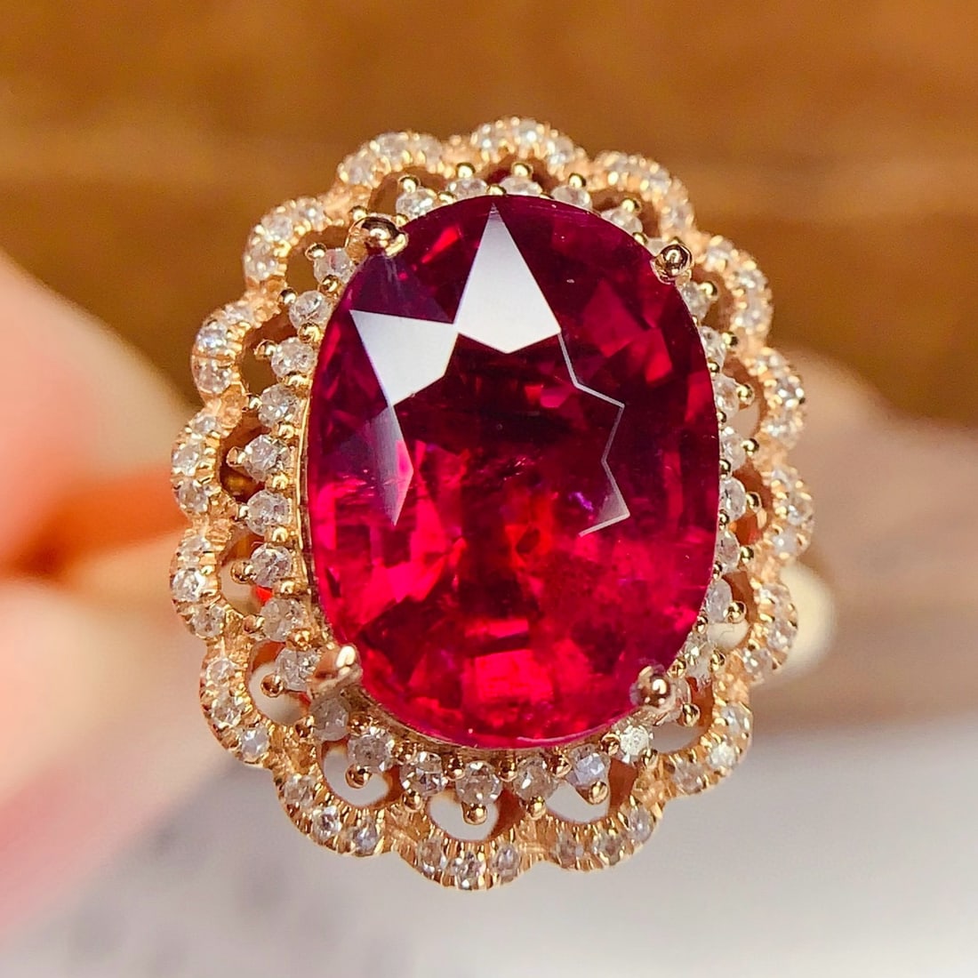 14k Gold 5.01 Ct Natural Tourmaline & Diamond Ring/pendant( Without Chain ): Ref:231053150 // gold content:14k gold // ring size:7. 25us // // main gemstone:tourmaline // shape:oval // carat weight:5. 01ct // color:red // treatment:natural // // adjacent gemstone 2 : diamond