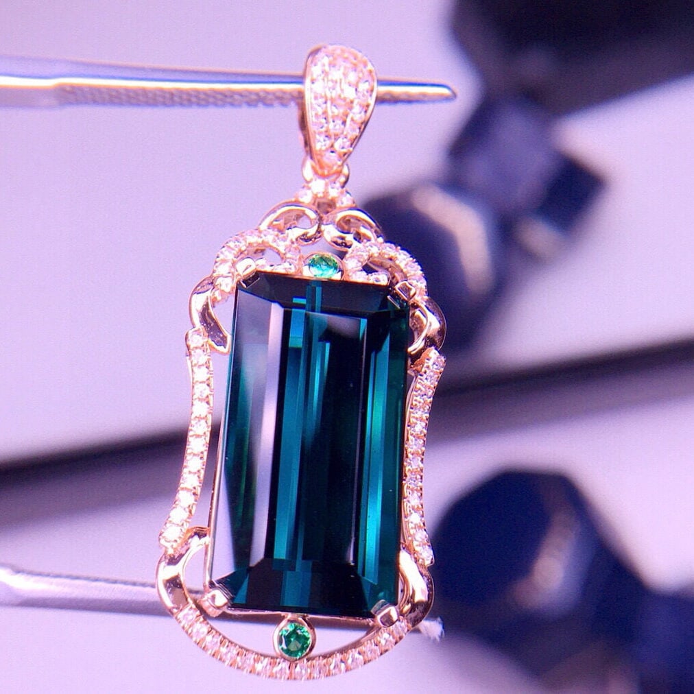 14k Gold 7.1 Ct Natural Tourmaline & Diamond Pendant( Without Chain ) - 2