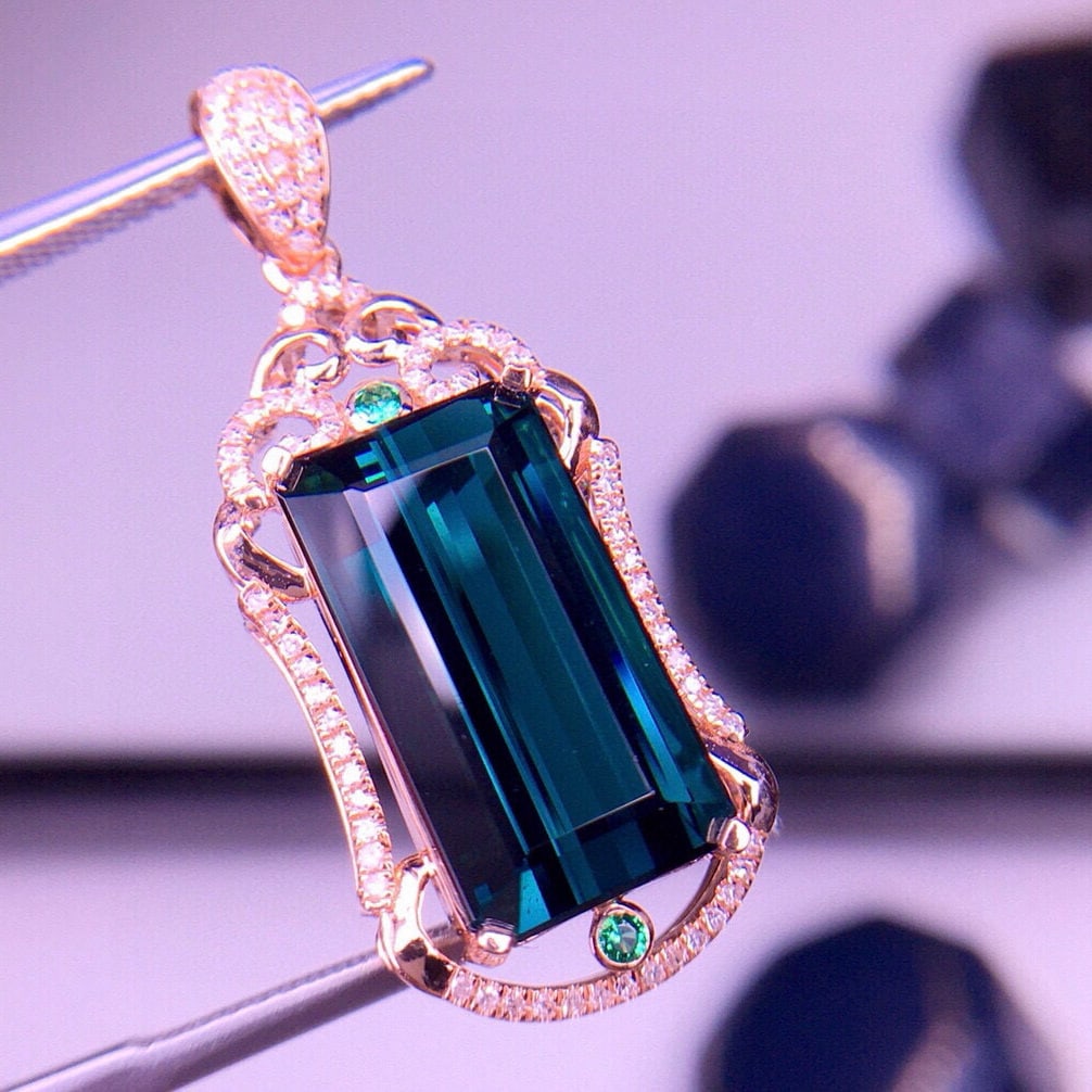 14k Gold 7.1 Ct Natural Tourmaline & Diamond Pendant( Without Chain ) - 3