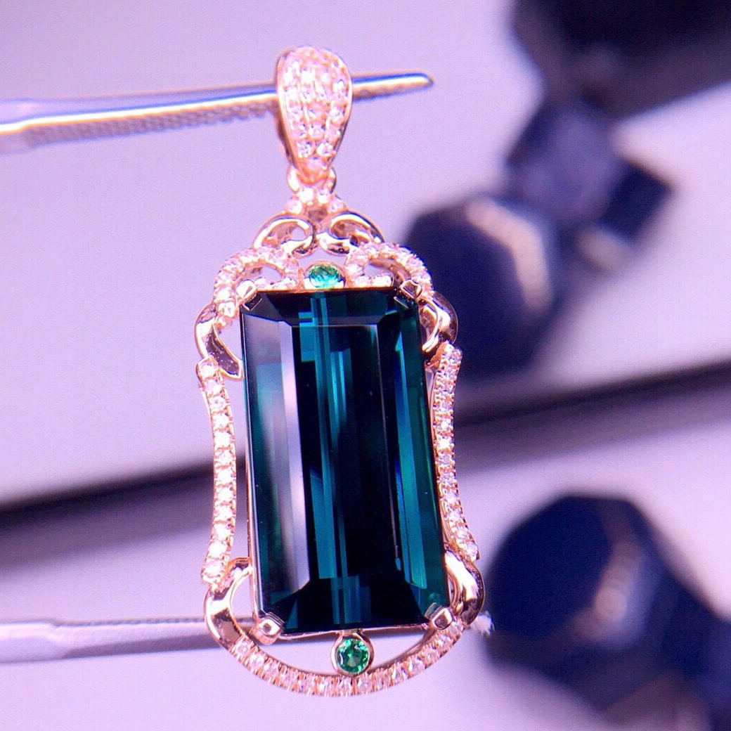 14k Gold 7.1 Ct Natural Tourmaline & Diamond Pendant( Without Chain ) - 4