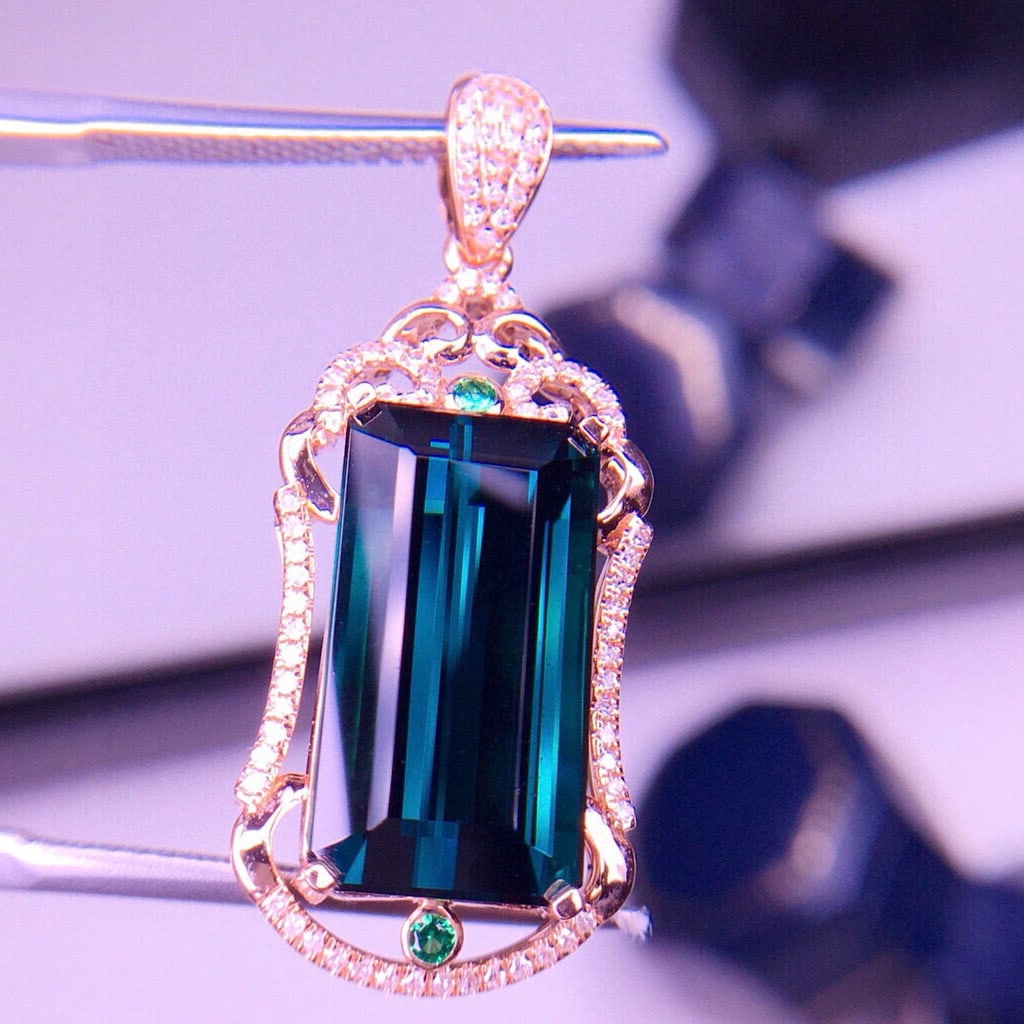 14k Gold 7.1 Ct Natural Tourmaline & Diamond Pendant( Without Chain ) - 5