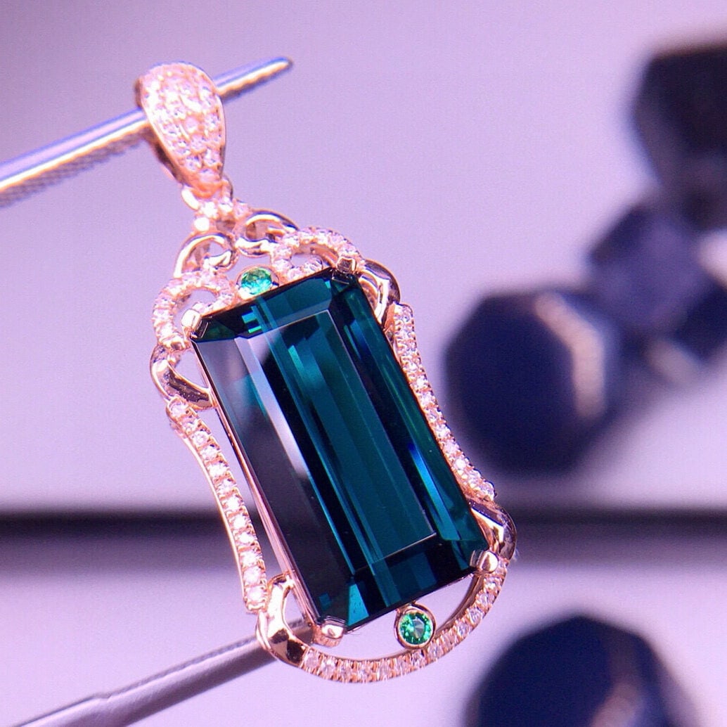 14k Gold 7.1 Ct Natural Tourmaline & Diamond Pendant( Without Chain ) - 6