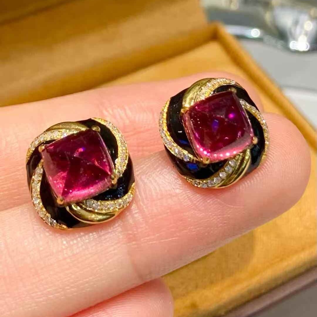 14k Gold 5.7 Ct Natural Tourmaline & Diamond Earrings - 2