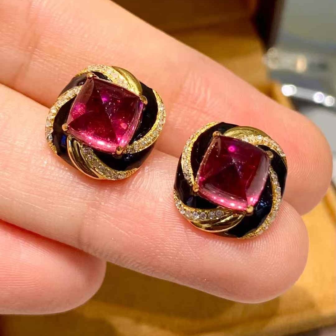 14k Gold 5.7 Ct Natural Tourmaline & Diamond Earrings - 4