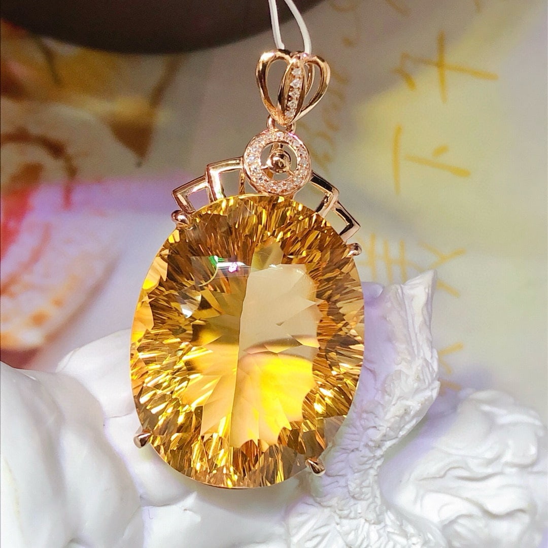 14k Gold 36.45 Ct Natural Citrine & Diamond Pendant( Without Chain ) - 2