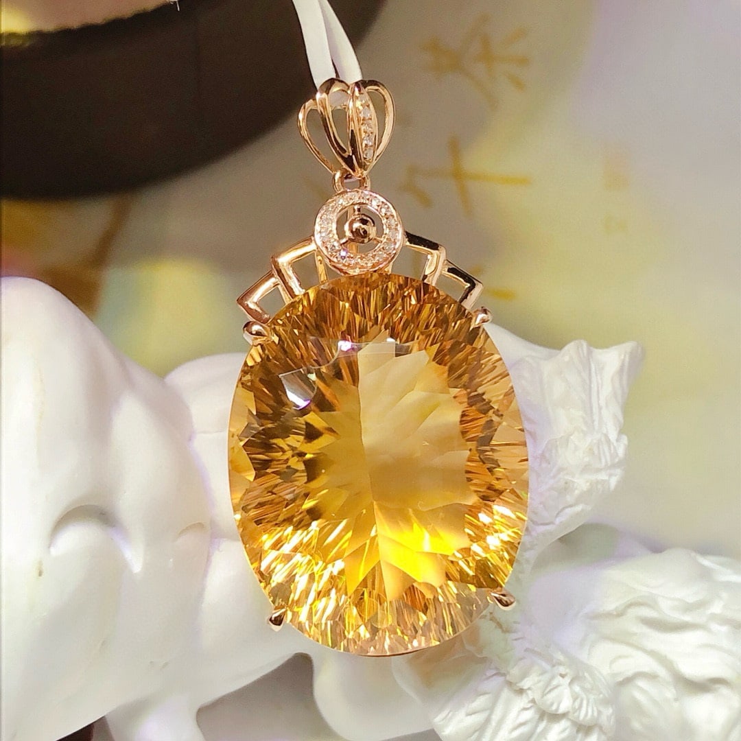 14k Gold 36.45 Ct Natural Citrine & Diamond Pendant( Without Chain ) - 3