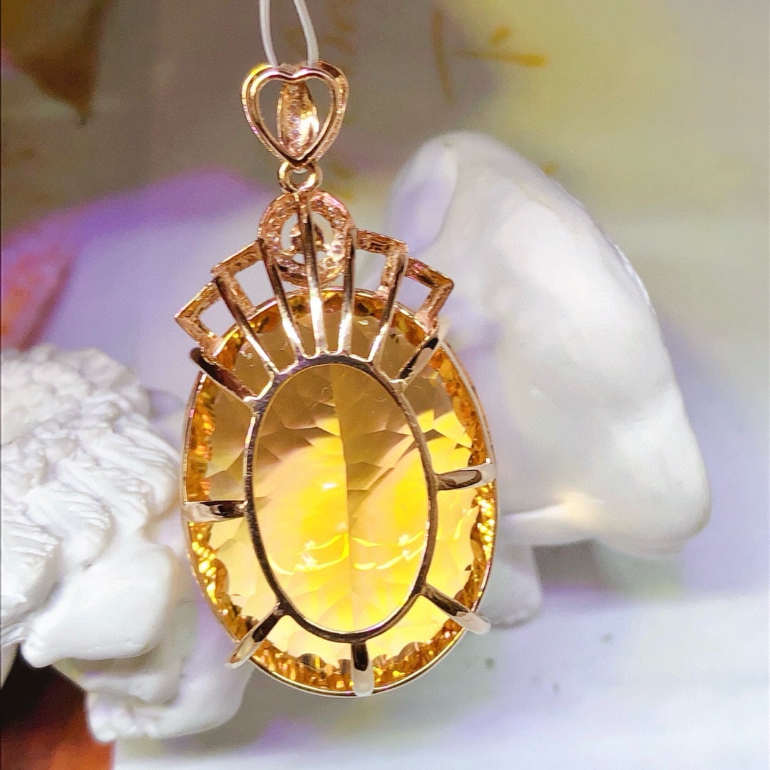 14k Gold 36.45 Ct Natural Citrine & Diamond Pendant( Without Chain ) - 4