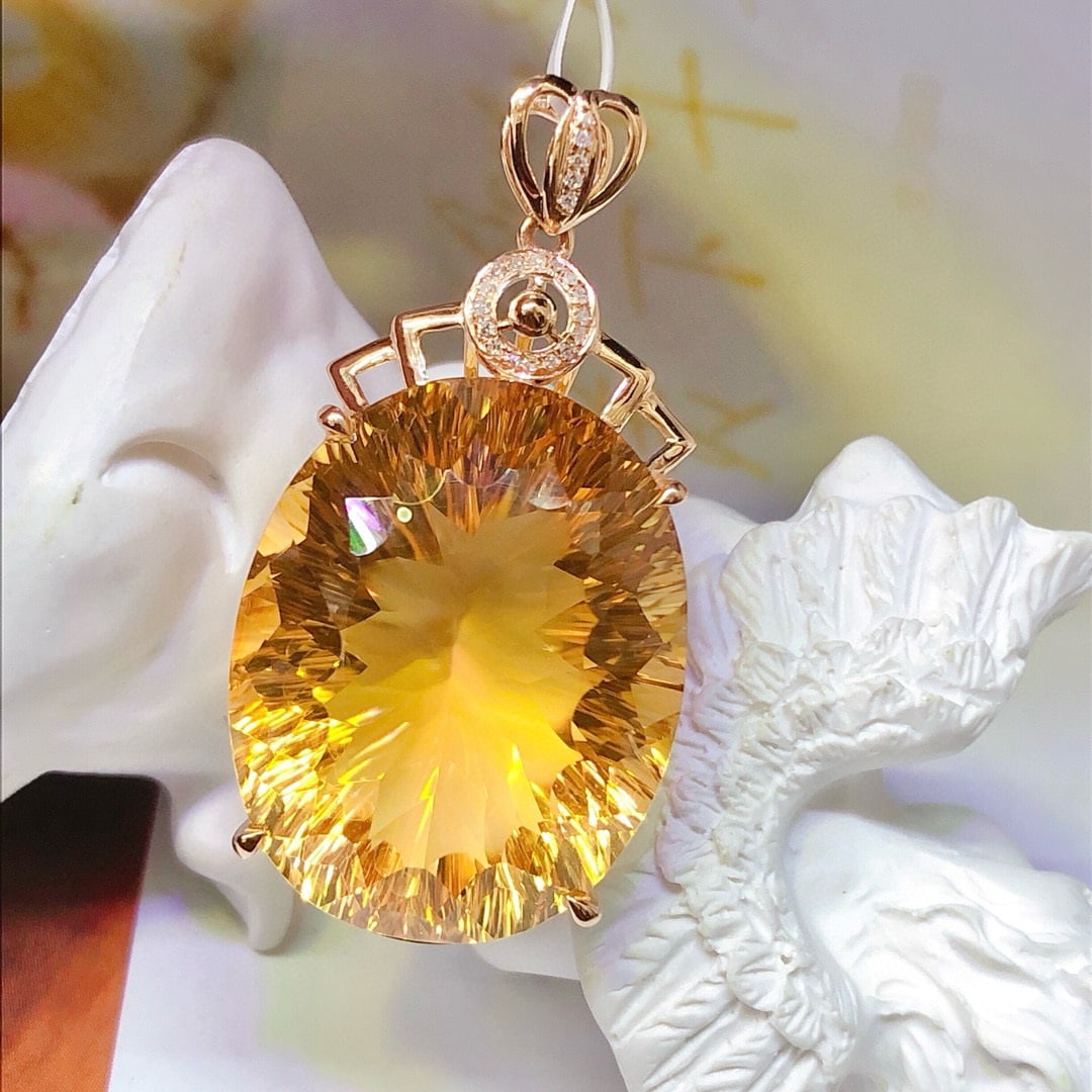 14k Gold 36.45 Ct Natural Citrine & Diamond Pendant( Without Chain ) - 5