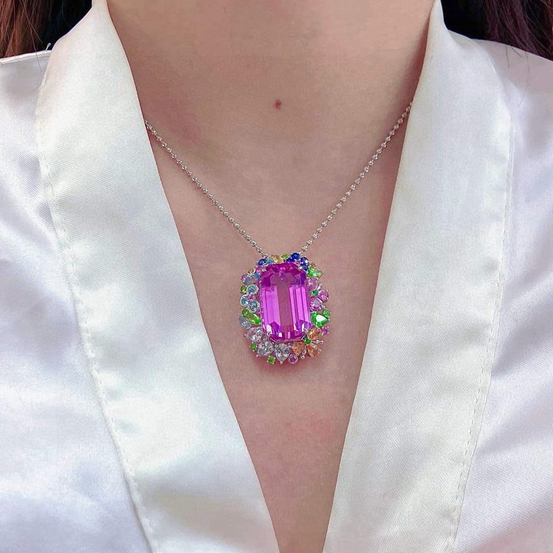 14k Gold 34.75 Ctw Natural Kunzite & Sapphire Pendant( Without Chain ) - 3