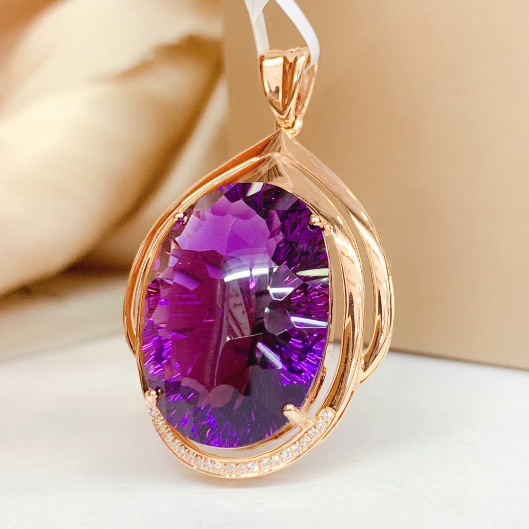 14k Gold 31.8 Ct Natural Amethyst & Diamond Pendant( Without Chain ) - 2