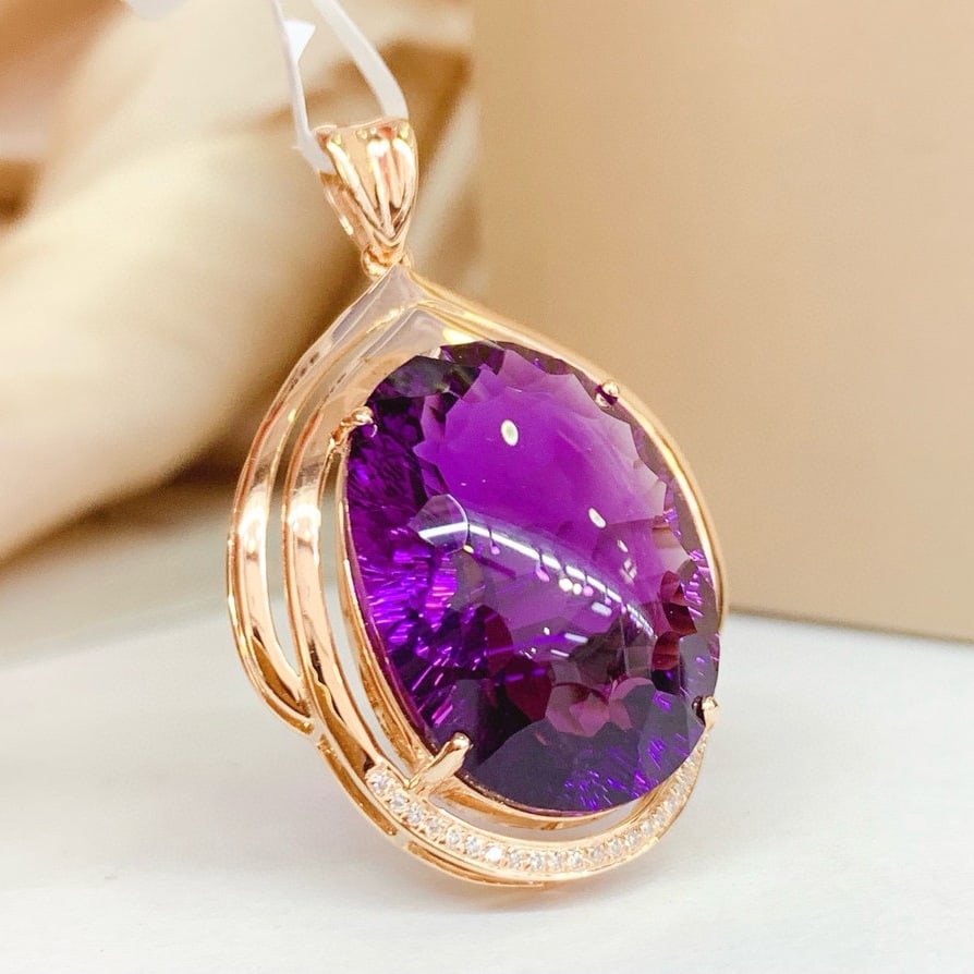 14k Gold 31.8 Ct Natural Amethyst & Diamond Pendant( Without Chain ) - 3