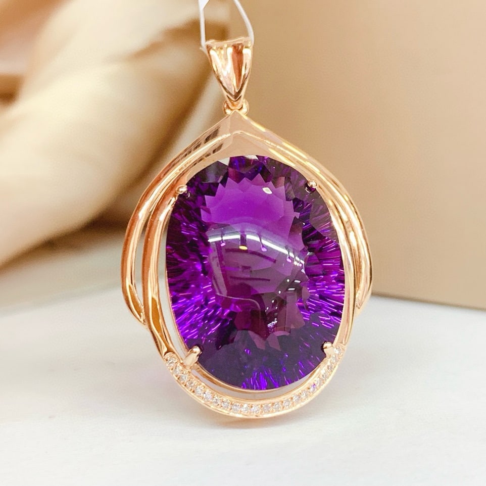 14k Gold 31.8 Ct Natural Amethyst & Diamond Pendant( Without Chain ) - 4