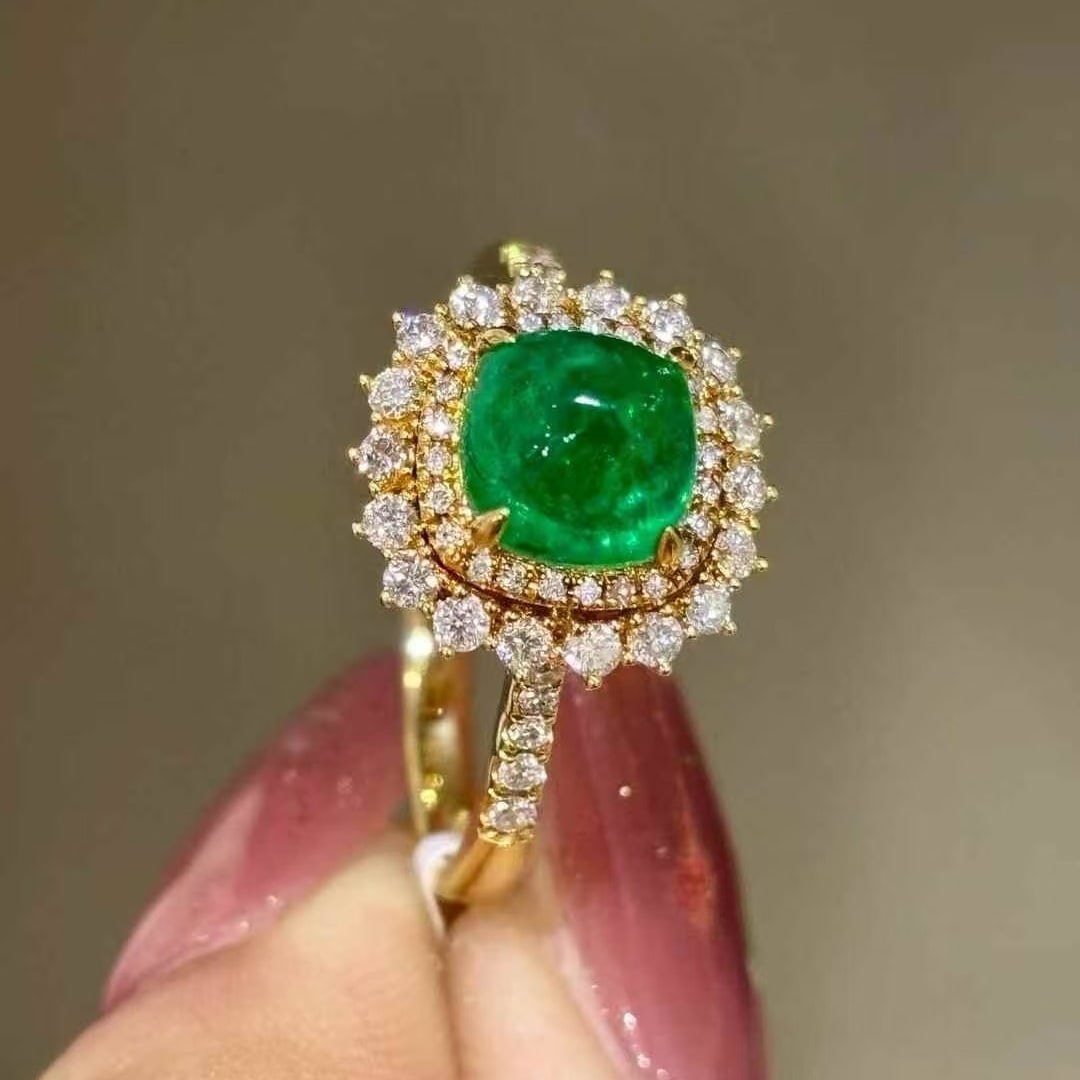 14k Gold 1.35 Ct Vivid Green Natural Emerald & Diamond Ring - 7