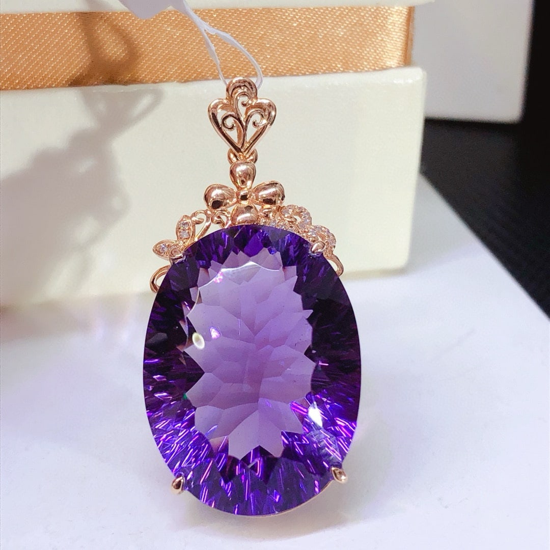 14k Gold 28.4 Ct Natural Amethyst & Diamond Pendant( Without Chain ) - 2