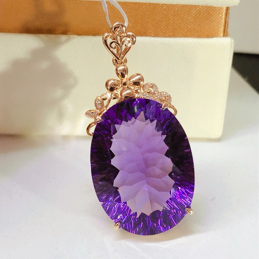 14k Gold 28.4 Ct Natural Amethyst & Diamond Pendant( Without Chain ) - 3