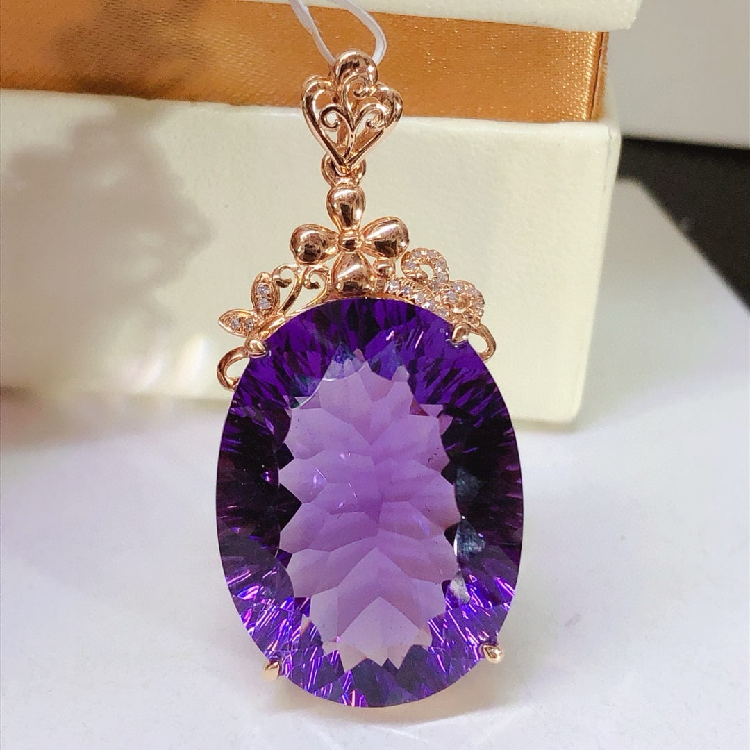 14k Gold 28.4 Ct Natural Amethyst & Diamond Pendant( Without Chain ) - 4