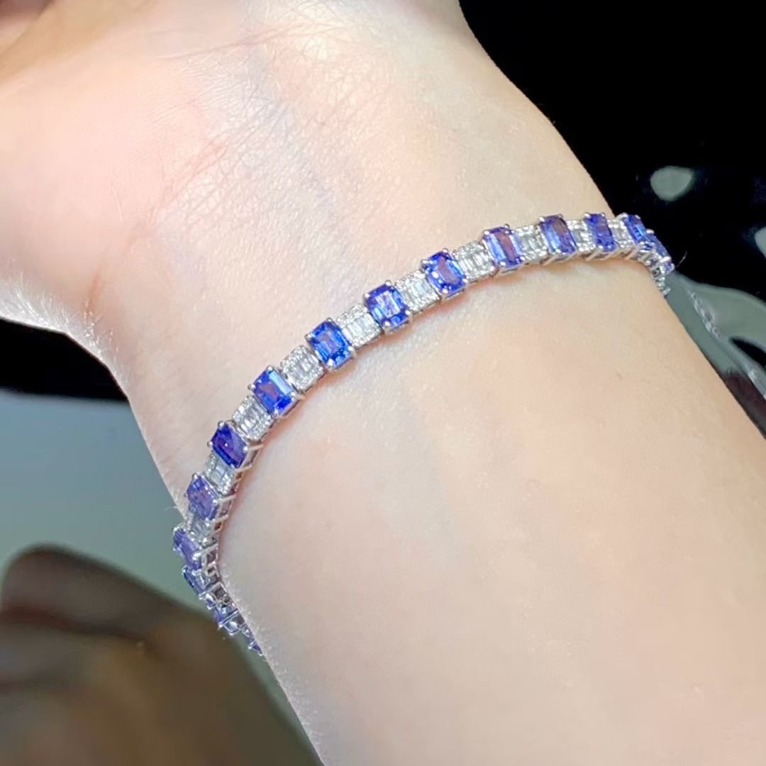 14k Gold 7.2 Ct Natural Sapphire & Diamond Bracelet - 5