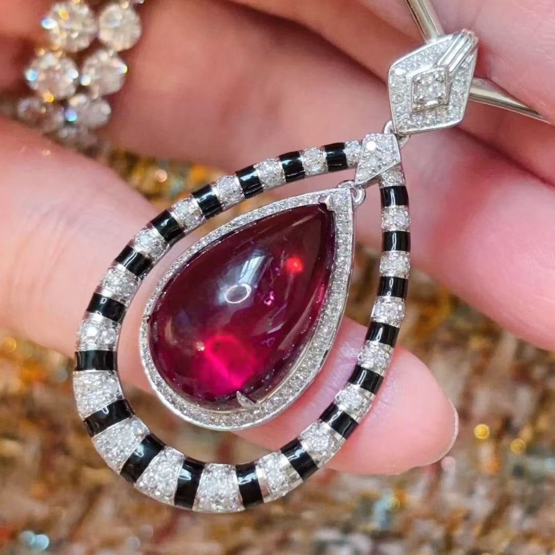 14k Gold 9.55 Ct Natural Tourmaline & Diamond Pendant( Without Chain ) - 2