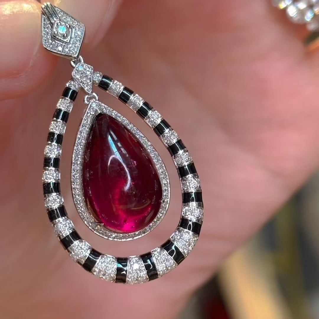 14k Gold 9.55 Ct Natural Tourmaline & Diamond Pendant( Without Chain ) - 4