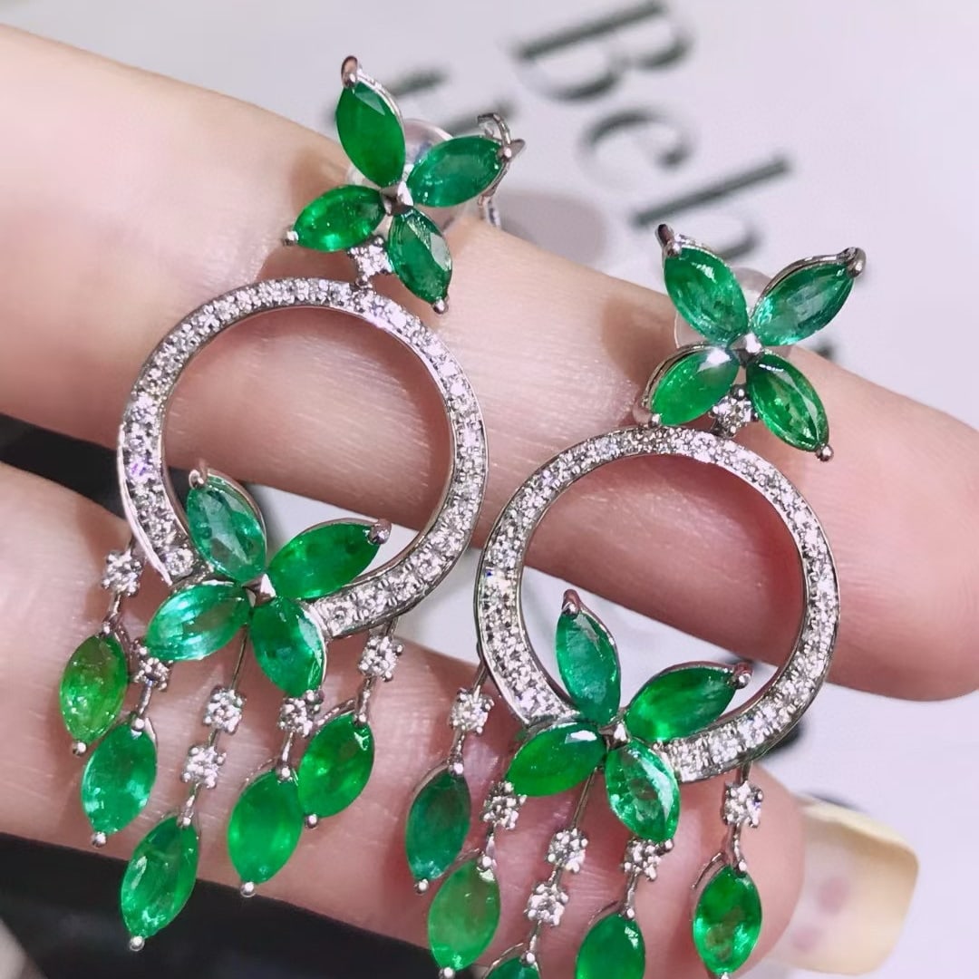 14k Gold 6.25 Ctw Vivid Green Natural Emerald & Diamond Earrings - 3