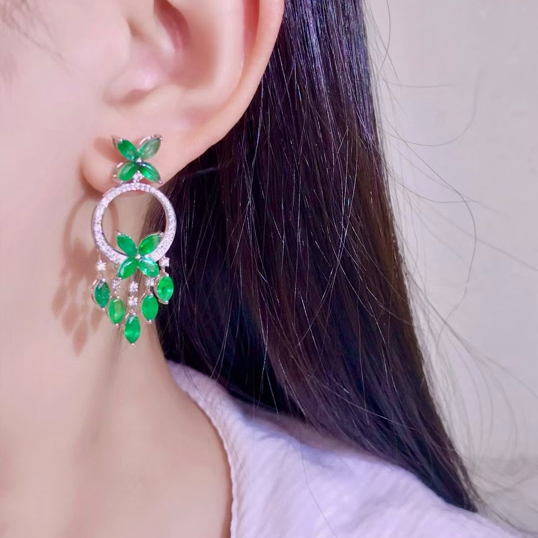 14k Gold 6.25 Ctw Vivid Green Natural Emerald & Diamond Earrings - 4