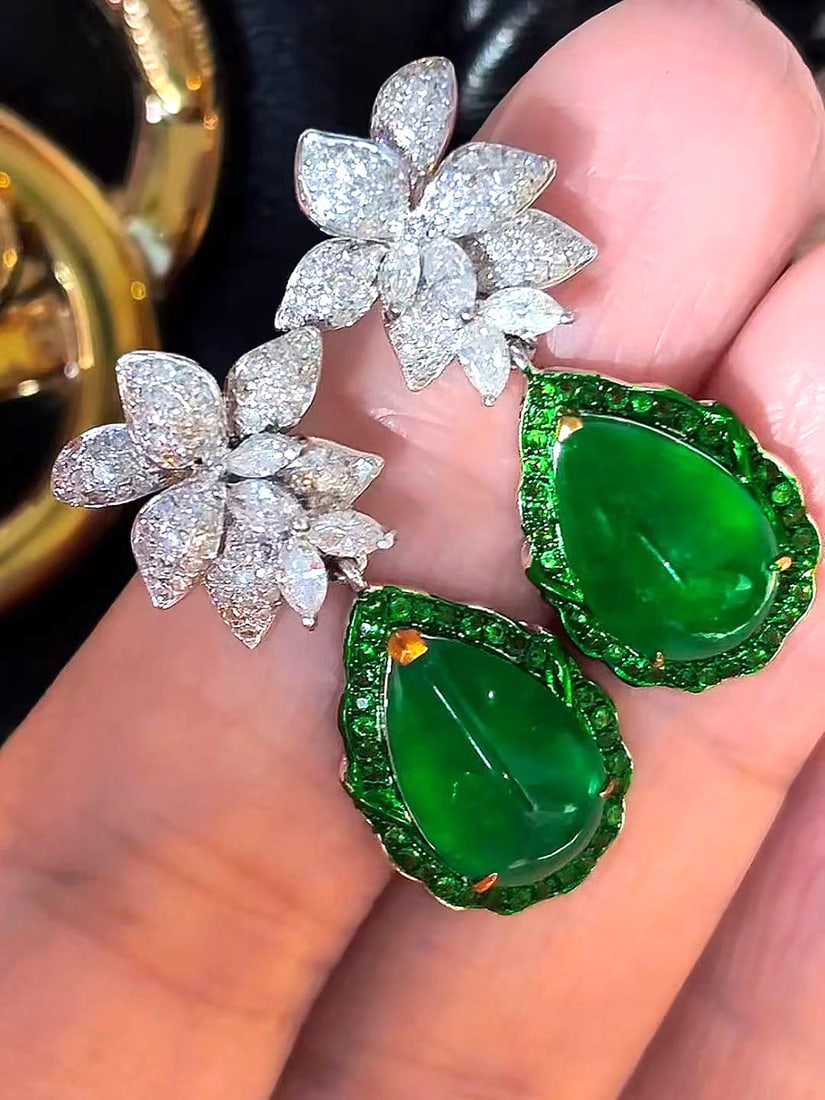 14k Gold 5.39 Ct Vivid Green Natural Emerald & Diamond Earrings - 2