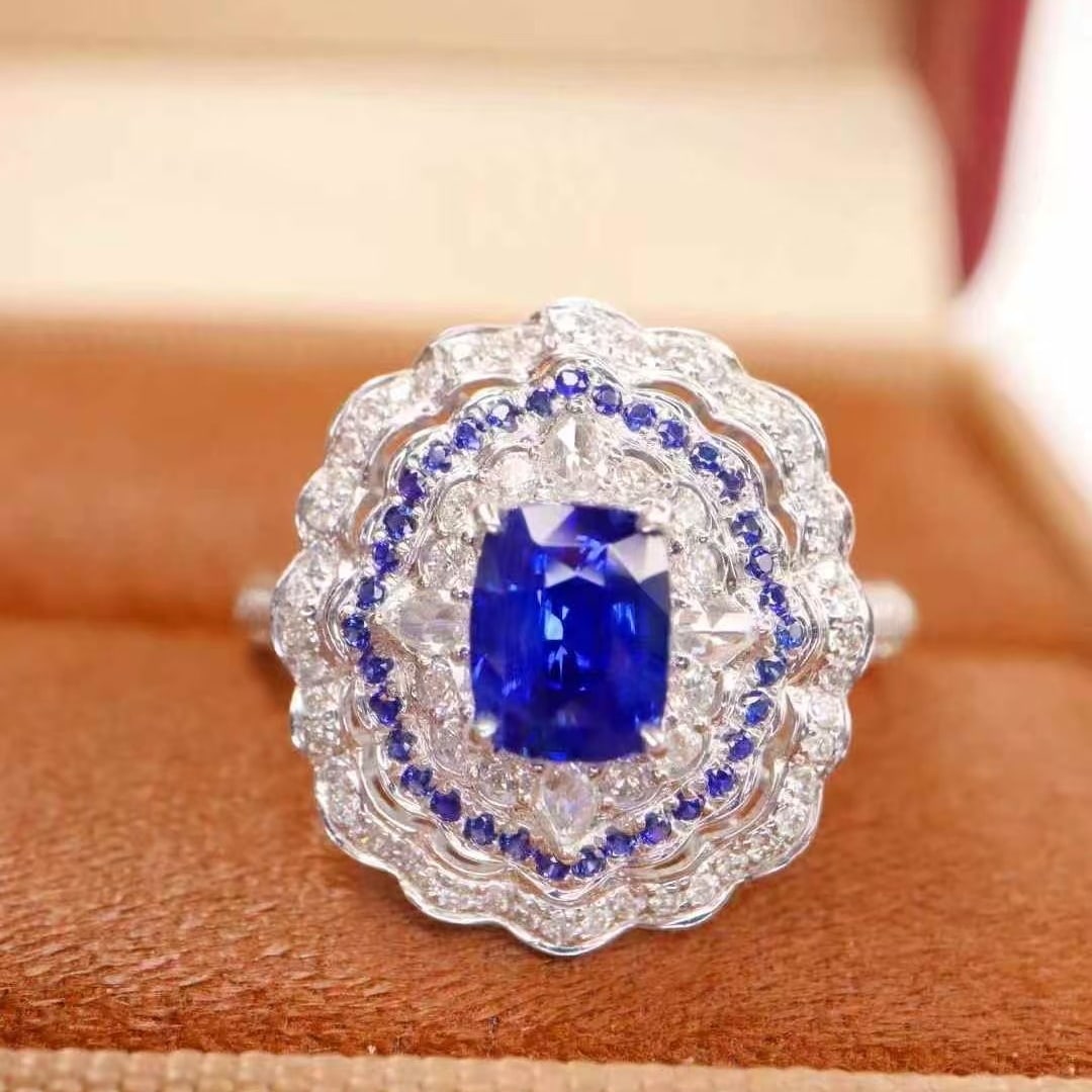 14k Gold 1.79 Ctw Natural Sapphire & Diamond Ring: Ref:231053257 // gold content:14k gold // ring size:7. 25us // // main gemstone:sapphire // shape:cushion // carat weight:1. 35ct // color:royal blue // treatment:natural // // adjacent gemstone 2 : d