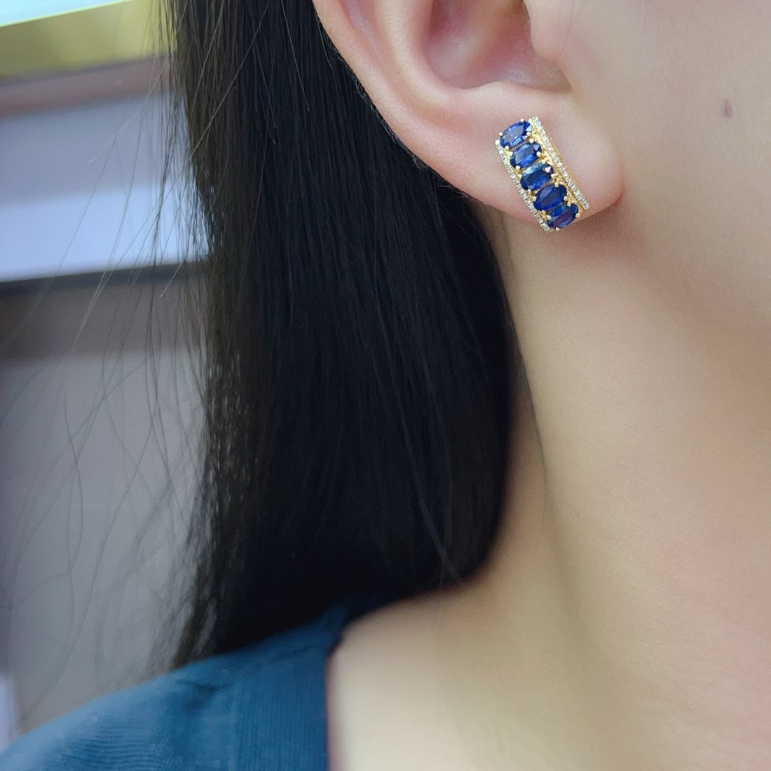 14k Gold 3.60 Ct Natural Sapphire & Diamond Earrings - 4