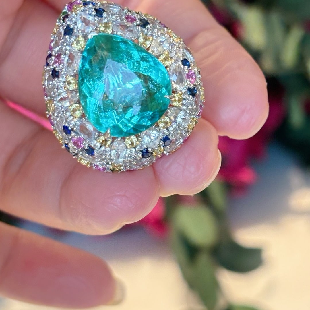 14k Gold 8.9 Ct Natural Paraiba Tourmaline & Sapphire Ring - 7