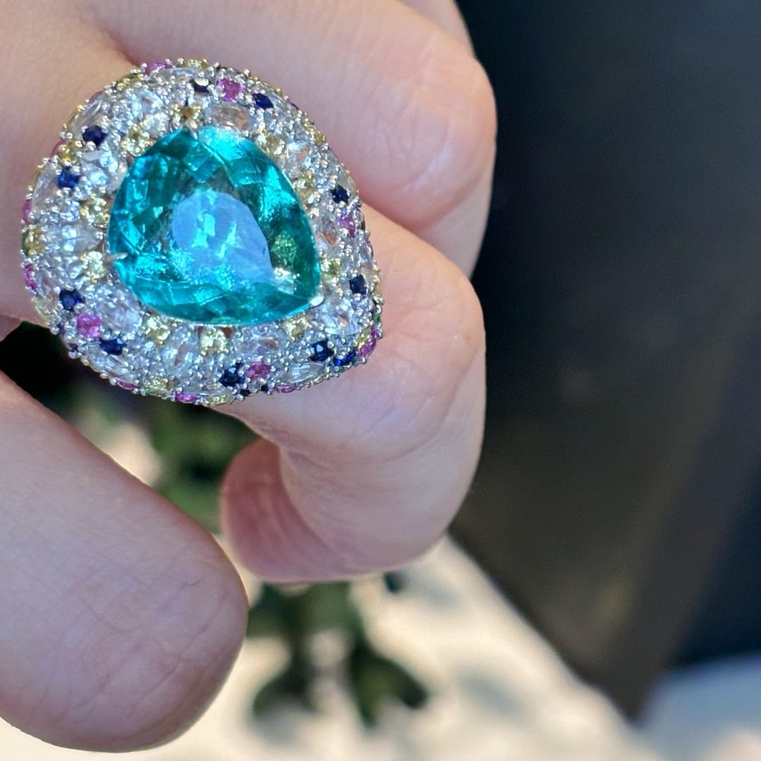 14k Gold 8.9 Ct Natural Paraiba Tourmaline & Sapphire Ring - 8