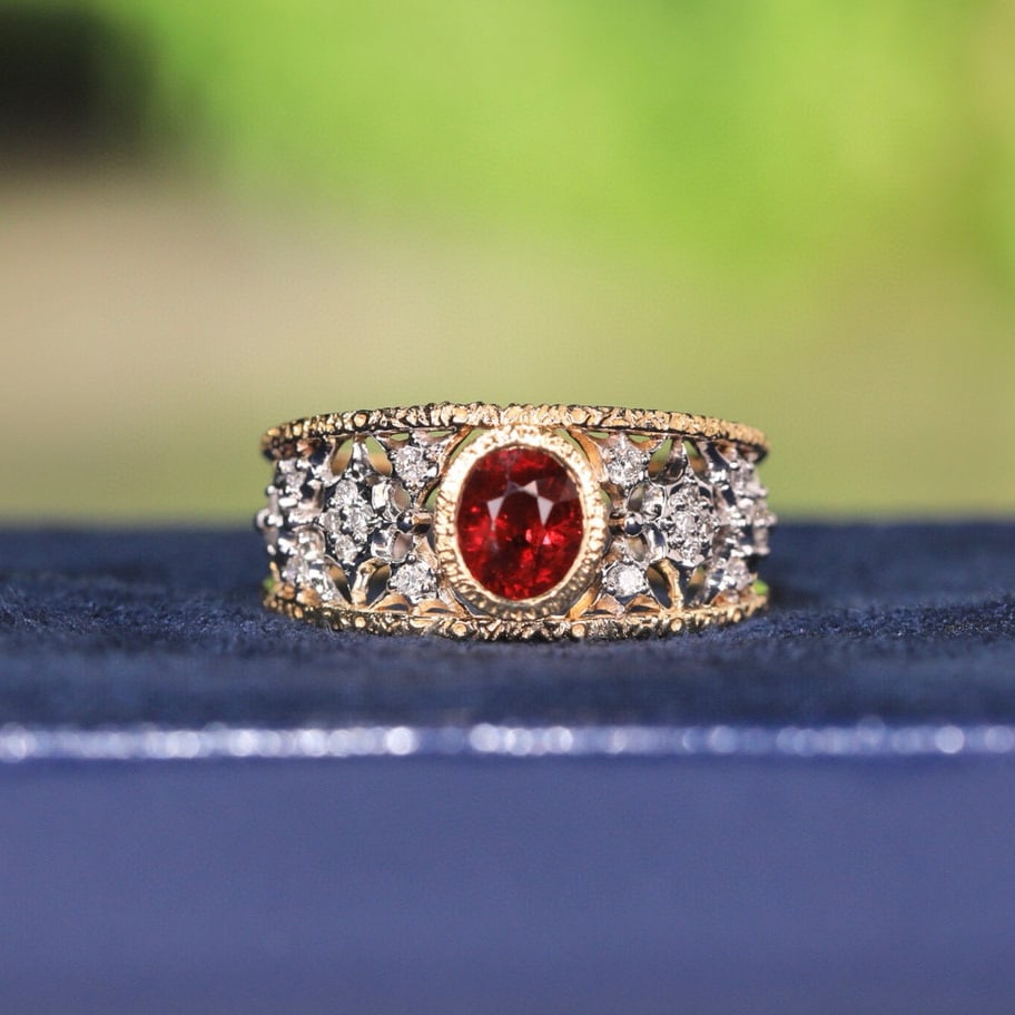 14k Gold 1.14 Ct Vivid Red Natural Ruby & Diamond Ring: Ref:231054046 // gold content:14k gold // ring size:7. 25us // // main gemstone:ruby // shape:oval // carat weight:1. 14ct // color:vivid red // treatment:natural // // adjacent gemstone 2 : diamond