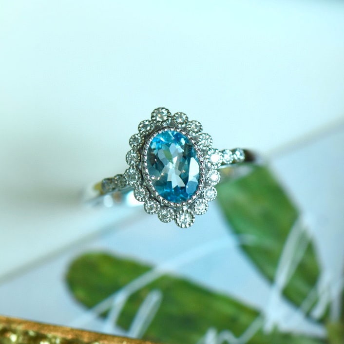14k Gold 0.81 Ctw Natural Aquamarine & Diamond Ring - 3