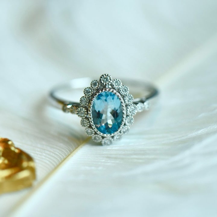 14k Gold 0.81 Ctw Natural Aquamarine & Diamond Ring - 4