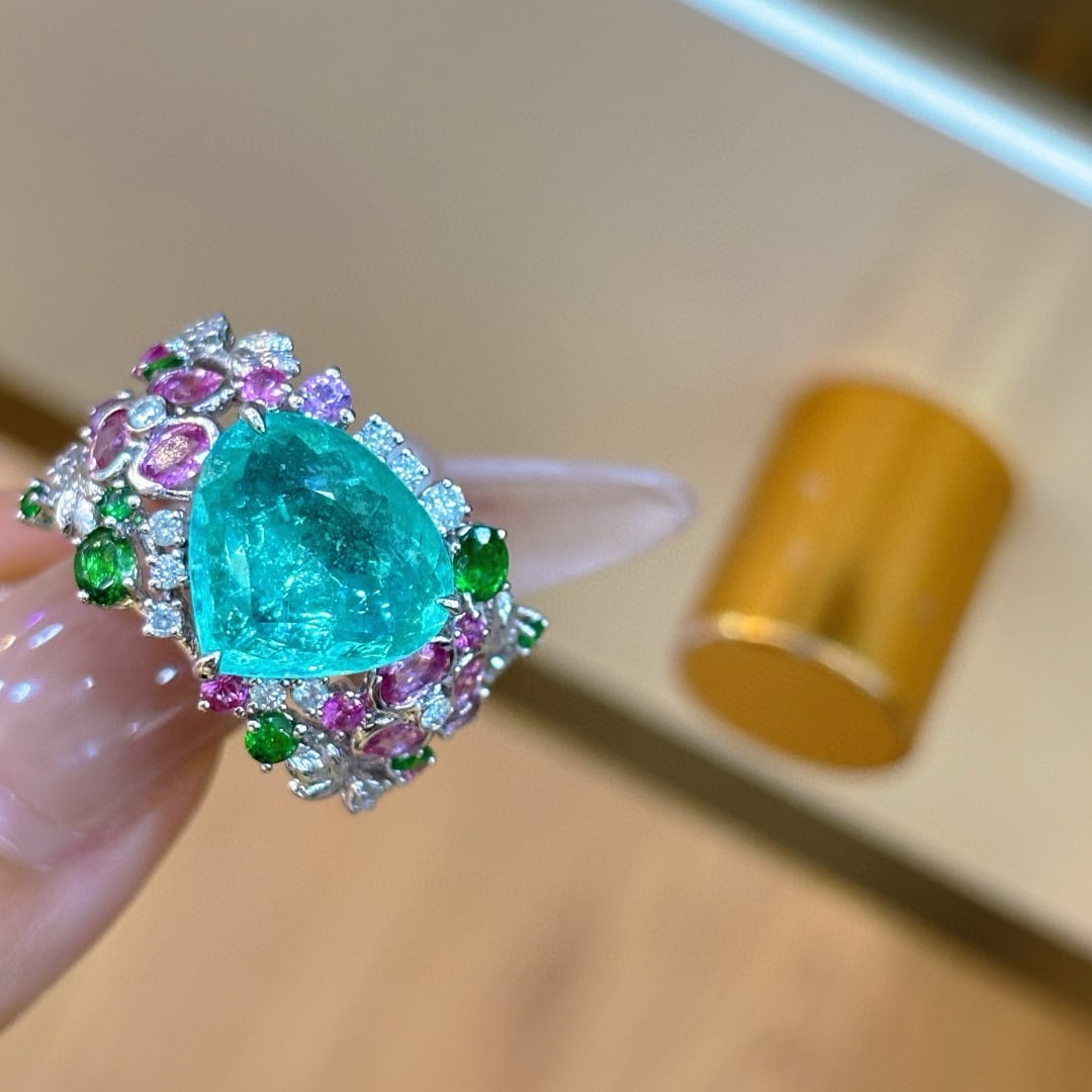 14k Gold 3.91 Ct Natural Paraiba Tourmaline & Diamond & Sapphire & Tsavorite Ring - 2