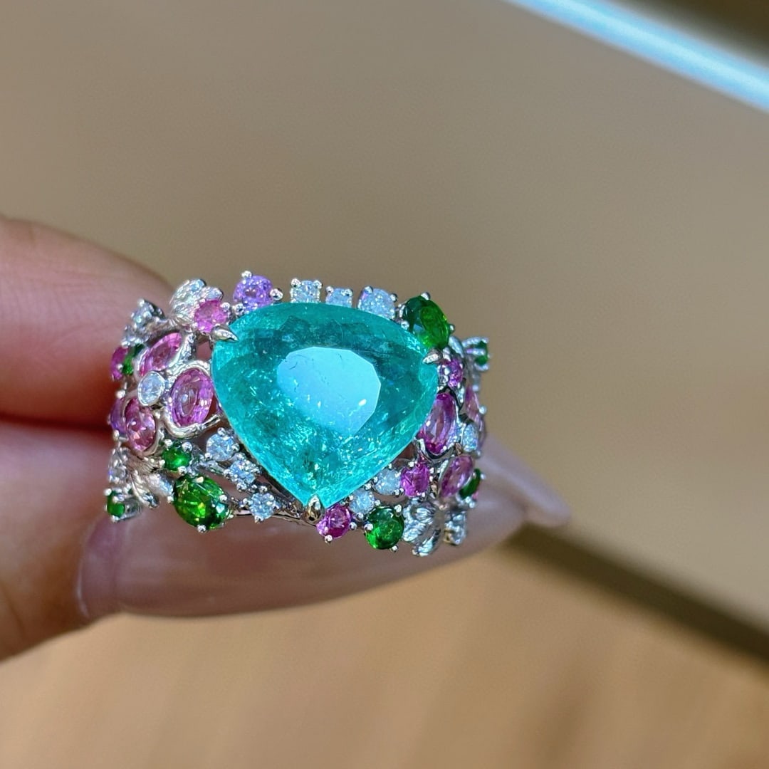 14k Gold 3.91 Ct Natural Paraiba Tourmaline & Diamond & Sapphire & Tsavorite Ring - 3