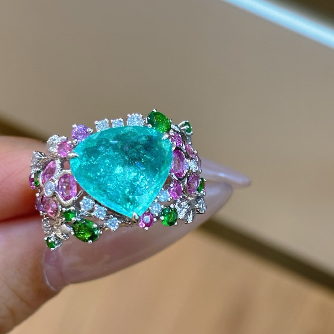 14k Gold 3.91 Ct Natural Paraiba Tourmaline & Diamond & Sapphire & Tsavorite Ring - 4
