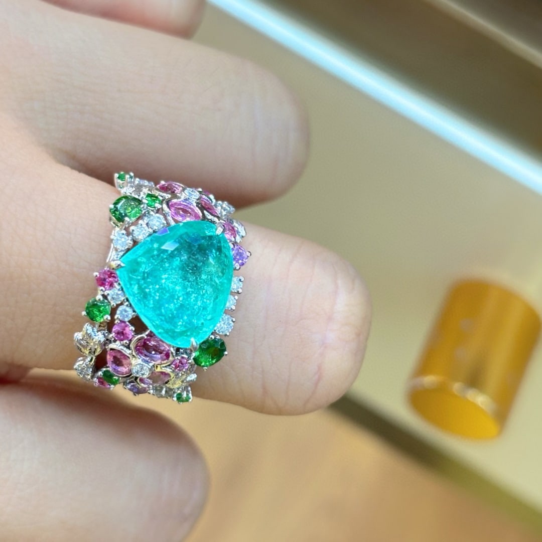 14k Gold 3.91 Ct Natural Paraiba Tourmaline & Diamond & Sapphire & Tsavorite Ring - 5