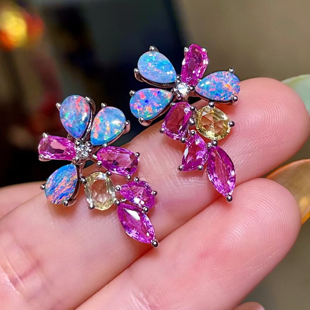 14k Gold 5.23 Ctw Natural Opal & Sapphire Earrings - 2