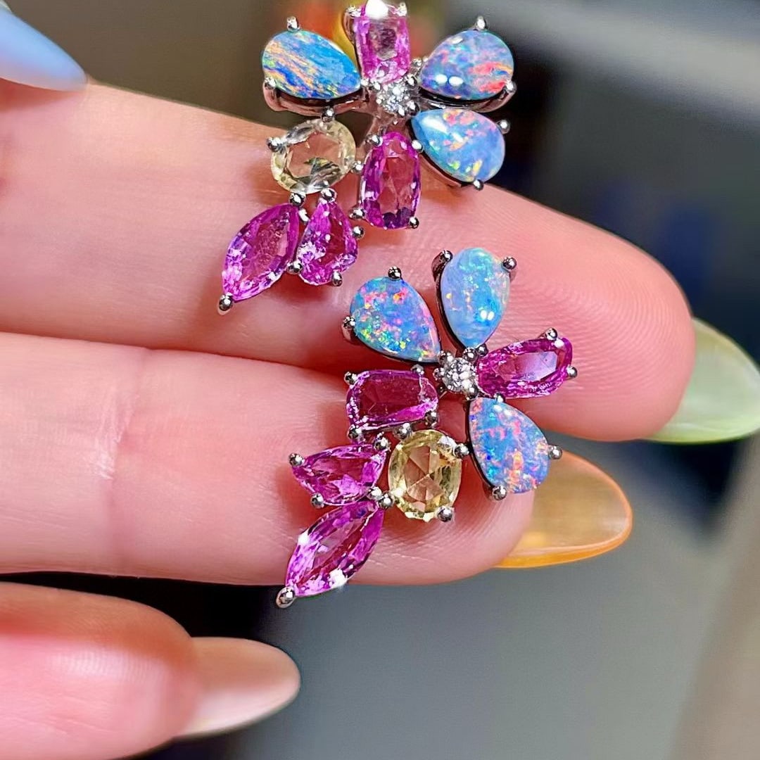 14k Gold 5.23 Ctw Natural Opal & Sapphire Earrings - 3